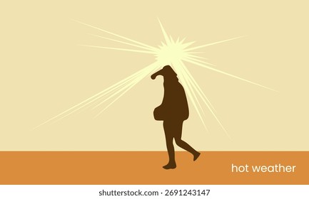 Minimal vector illustration of a person walking under strong sunlight, representing hot weather, heat stress, and climate change impact.