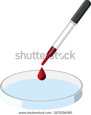 Minimal vector illustration of pipette dropping blood into petri dish, flat design, clean lines.