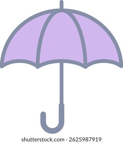 Minimal vector illustration of a purple umbrella, symbolizing rain protection, safety, weather, and coverage in digital interfaces.

