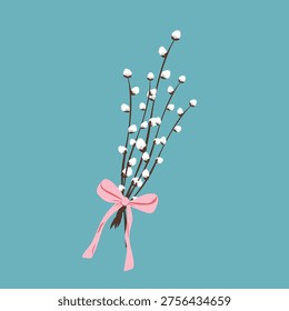 Minimal vector illustration of pussy willow branches tied with pink ribbon. Spring floral symbol suitable for Palm Sunday greeting card, seasonal banner, church announcement or elegant holiday design.