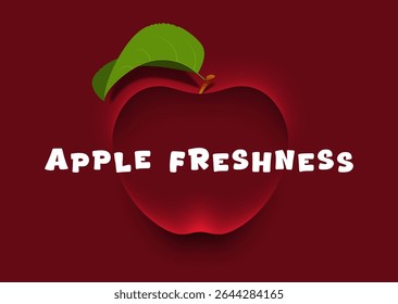 Minimal vector illustration of a red apple with leaf and soft shadows on a burgundy background. Simple, modern paper cut fruit concept for healthy and fresh themes. Apple freshness bold text