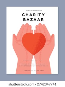 A minimal vector illustration of a red heart held in two hands with grain texture. Designed as a clean and modern poster template for charity events, donation campaigns, and community bazaars.