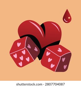 Minimal vector illustration of a red heart and romantic dice representing love, luck, risk and relationship choices. Modern flat design isolated on a beige background.