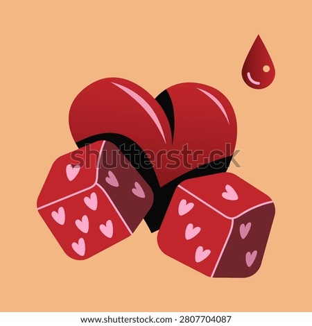 Minimal vector illustration of a red heart and romantic dice representing love, luck, risk and relationship choices. Modern flat design isolated on a beige background.