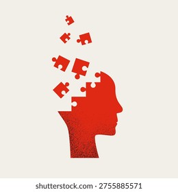 A minimal vector illustration of a red human head silhouette with puzzle pieces falling apart. This concept symbol represents mental health issues like depression, anxiety, and an unstable state of mind or reality loss.