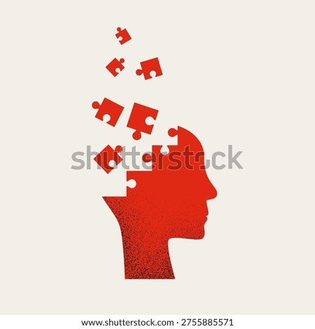 A minimal vector illustration of a red human head silhouette with puzzle pieces falling apart. This concept symbol represents mental health issues like depression, anxiety, and an unstable state of mind or reality loss.