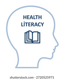 Minimal vector illustration representing health literacy concept. Human head outline with open book icon symbolizing health education, awareness, medical knowledge and informed decision making. Isolated on white background.