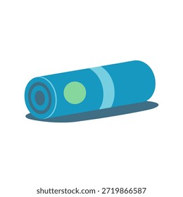 Ilustración vectorial mínima de una estera de yoga enrollada con cilindro azul, círculo verde y banda azul claro. Diseño plano y moderno que representa la forma física, el bienestar, el yoga y las rutinas de estilo de vida saludable.