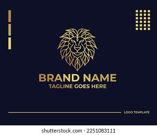 Minimal vector illustration of round shaped linear style logo design template of golden geometric lion head as aggressive apex predator