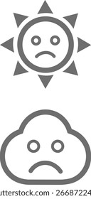 Ilustración vectorial mínima de los íconos tristes del sol y la nube que representan las emociones negativas, el Clima sombrío y la depresión