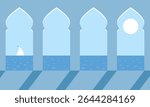 Minimal vector illustration of sea view through decorative eastern arch windows with shadows, a sailing boat, calm waves, and the sun on a blue sky. Modern east travel and relaxation concept