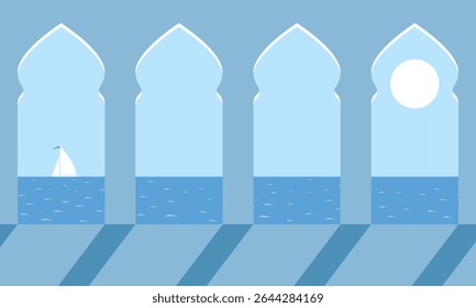 Minimal vector illustration of sea view through decorative eastern arch windows with shadows, a sailing boat, calm waves, and the sun on a blue sky. Modern east travel and relaxation concept