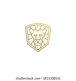 Minimal vector illustration of shield shap linear style logo design template of golden geometric lion head as aggressive apex predator