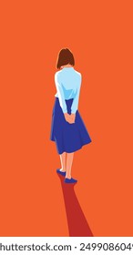 minimal vector illustration of a short-haired girl in a school uniform is walking alone. She seems to be thinking about her life.