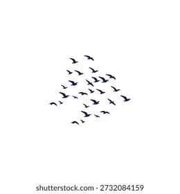 Ilustración vectorial mínima que muestra una bandada de silueta negra de pájaros voladores, aislados sobre fondo blanco, diseño simple