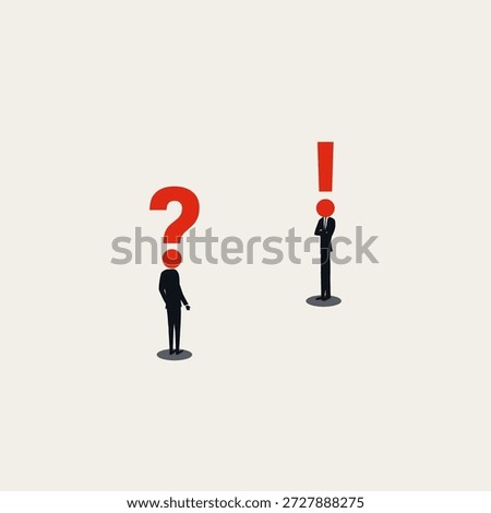 A minimal vector illustration showing a business boss in a difficult conversation. This communication concept depicts a misunderstanding using an exclamation mark and question symbol.