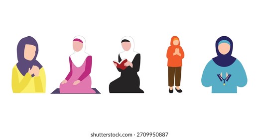 Minimal vector illustration showing five women and girls praying in Islamic dress, reflecting faith, modesty and peaceful worship with clean lines for cultural, religious and spiritual theme in art.