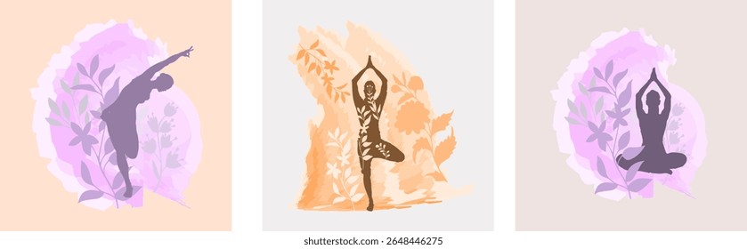 Minimal vector illustration of a silhouette of a woman doing yoga. Freely combined with pastel watercolor background and plant motifs.