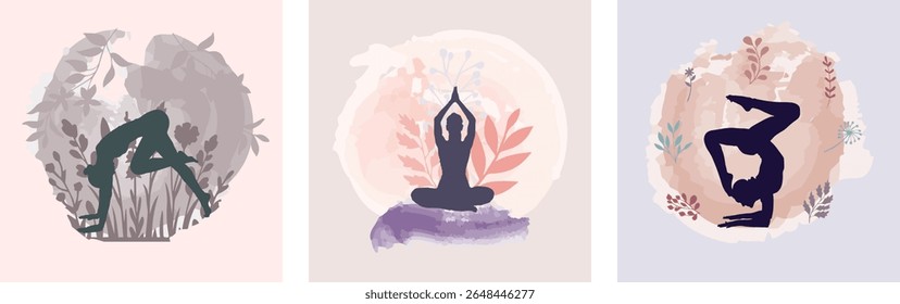 Minimal vector illustration of a silhouette of a woman doing yoga. Freely combined with pastel watercolor background and plant motifs.
