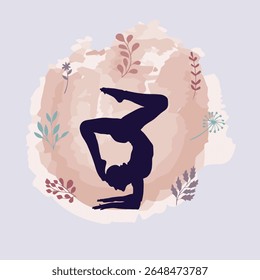 Minimal vector illustration of a silhouette of a woman doing yoga. Freely combined with pastel watercolor background and plant motifs.

