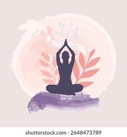 Minimal vector illustration of a silhouette of a woman doing yoga. Freely combined with pastel watercolor background and plant motifs.
