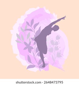 Minimal vector illustration of a silhouette of a woman doing yoga. Freely combined with pastel watercolor background and plant motifs.
