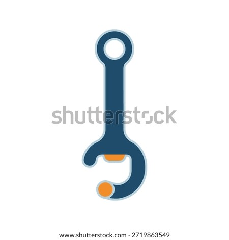 Minimal vector illustration of a sleek bottle opener with a navy handle, orange accent points, and a C-shaped head on a light gray background. Clean flat design for kitchen, bar, or beverage concepts.