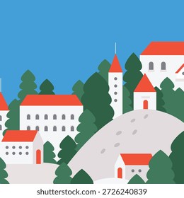 Um vetor mínimo ilustração de uma pequena casa com um telhado vermelho cercado por árvores verdes. Projetado em um estilo limpo e moderno para uso em planos de fundo da Web, layouts editoriais e conceitos ambientais.