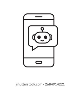 Ilustração vetorial mínima de uma tela de smartphone com um robô chatbot dentro de uma bolha de fala, estilo de linha limpa, simbolizando IA, comunicação, assistente virtual e suporte ao cliente.