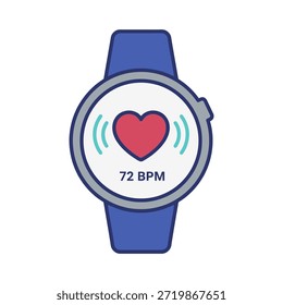 Ilustração vetorial mínima de um smartwatch exibindo 72 BPM com linhas vermelhas de coração e sinal. Design plano e moderno que representa fitness, controle de saúde e tecnologia de bem-estar.