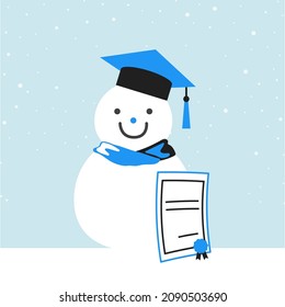 Mínima ilustración vectorial de un muñeco de nieve con certificado que promueve cursos de invierno......
