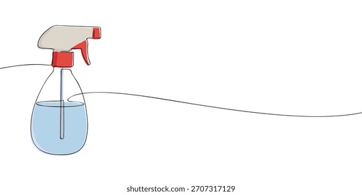 Minimale Vektorgrafik einer Sprühflasche mit rotem Abzug und blauer Flüssigkeit auf weißem Hintergrund mit fließender gekrümmter Linie.