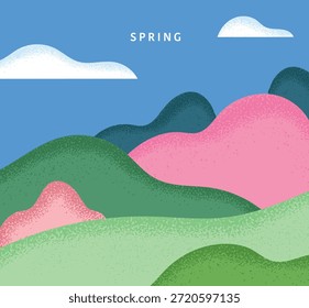 Una Ilustración vectorial mínima de un paisaje de primavera con un efecto de textura de grano suave. Diseñado en un estilo limpio y moderno para su uso en fondos de Sitio web, publicaciones estacionales en redes sociales y diseños de carteles estéticos.