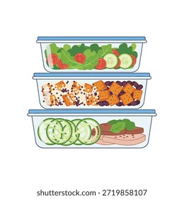 Minimal vector illustration of stacked clear food containers filled with balanced meals, including salad, grains, and lean protein. Clean design representing meal prep, nutrition planning, and healthy lifestyle habits.