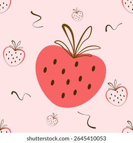 Minimal vector illustration of strawberries with doodle-style seeds and leaves on a soft pink background. Cute seamless fruit pattern for kids or fabric design.