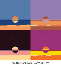 Ilustración vectorial mínima de la puesta del sol en la playa, horizonte abstracto del mar en cuatro estilos diferentes. Diseño plano moderno con el cielo y el sol coloridos del gradiente, perfectos para los carteles, arte de la pared, fondos