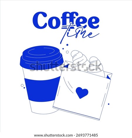 Minimal vector illustration of takeaway coffee cup and croissants with text “Coffee Time”. Modern blue design for cafe, breakfast, and lifestyle themes.