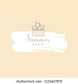 Minimal vector illustration template of a summer sale announcement depicting open pastel colored envelope with white roses