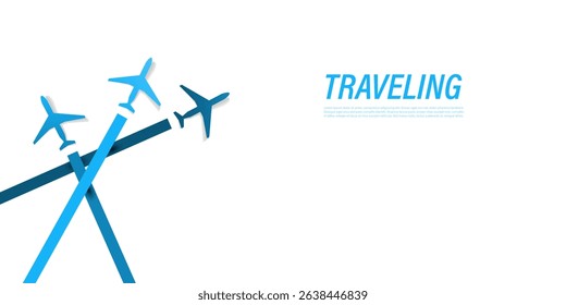 Minimal vector illustration of a three blue airplane silhouettes on a white background with copy space and text "TRAVELING." Perfect for air travel ads, vacation web banners or modern travel concepts.