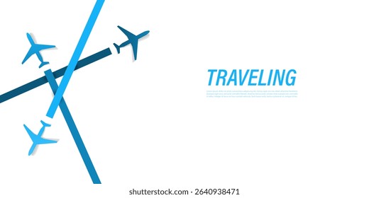 Minimal vector illustration of a three blue airplane silhouettes on a white background with copy space and text "TRAVELING." Perfect for air travel ads, vacation web banners or modern travel concepts.
