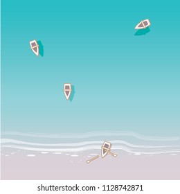 Minimal Vector Illustration In Top View Perspective Of The Ocean, Sandy Shoreline And White Rowing Boats