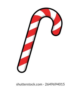 Minimal vector illustration of a traditional red and white striped candy cane on a clean white background. Perfect for holiday packaging, stickers, cards, and winter design.