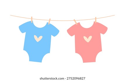Minimal vector illustration of two baby onesies hanging from a clothesline.