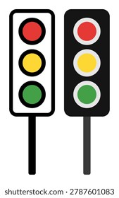 Minimal vector illustration of two red, yellow, and green traffic lights in black and white signal housings.