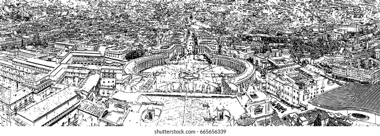 Minimal vector illustration of Vatican. Panorama of Rome from the dome.