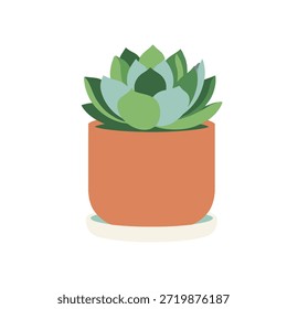Ilustración vectorial mínima de una suculenta verde vibrante en una olla de terracota con platillo blanquecino sobre un fondo gris pizarra. Diseño plano que representa el crecimiento, el cuidado personal y el bienestar.