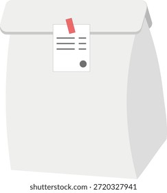 Ilustración vectorial mínima de un paquete de alimentos de papel blanco o bolso para llevar con un Comprobante pegado con cinta.