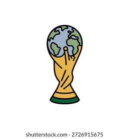 Ilustração vetorial mínima de um contorno de troféu da Copa do Mundo, com linhas limpas e um design simples. Ideal para projetos relacionados a esportes, futebol, campeonato e torneios globais.