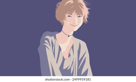 Minimal vector illustration of a young beautiful Asian woman with short hair wearing necklace in a violet dress is smiling happily