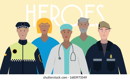 Minimal vector image of professional heroes, doctors, police, military